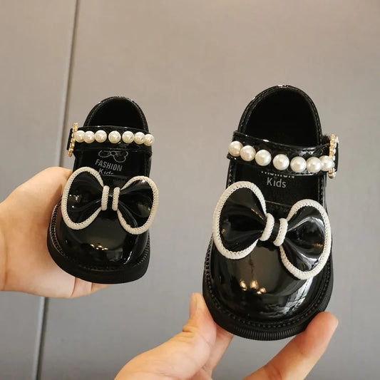 Toddler Girls Leather Casual Shoes with Pearl Beading and Bowknot