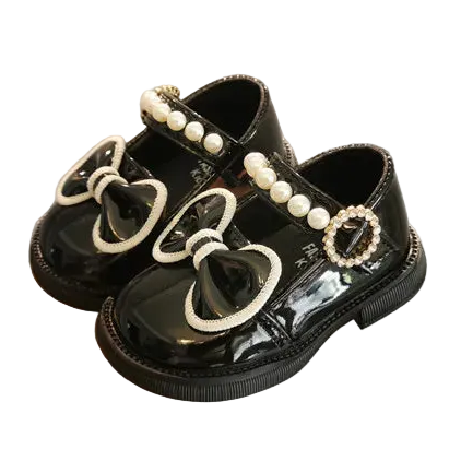 Toddler Girls Leather Casual Shoes with Pearl Beading and Bowknot