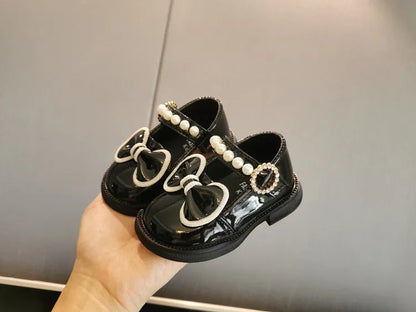 Toddler Girls Leather Casual Shoes with Pearl Beading and Bowknot
