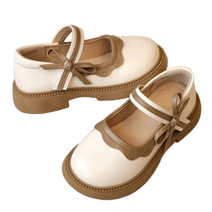 Girls Mary Janes Elegant Patchwork Leather Shoes with Bow