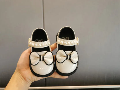 Toddler Girls Leather Casual Shoes with Pearl Beading and Bowknot