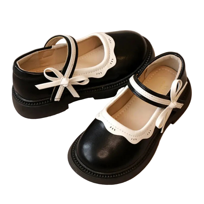 Girls Mary Janes Elegant Patchwork Leather Shoes with Bow