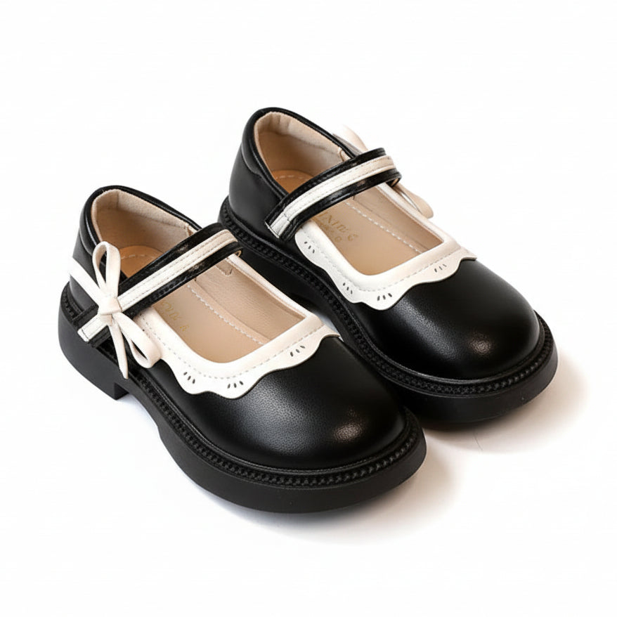 Girls Mary Janes Elegant Patchwork Leather Shoes with Bow