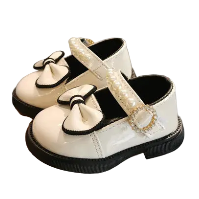 Toddler Girls Leather Casual Shoes with Pearl Beading and Bowknot
