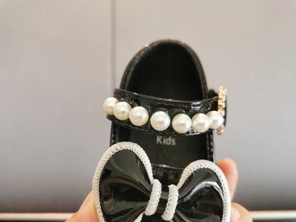 Toddler Girls Leather Casual Shoes with Pearl Beading and Bowknot