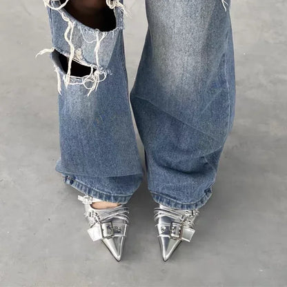 Women Pointed Toe High Heels Buckle Strap
