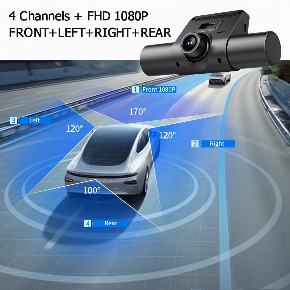 4-Channel Car Dashboard Camera With FHD 1080P Front And 720P Side And Rear, Night Vision, Loop Recording, And 24-Hour Parking Surveillance