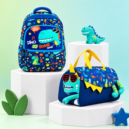2-Piece Kids Funky Dinosaur Backpack & Duffel Bag Travel Set