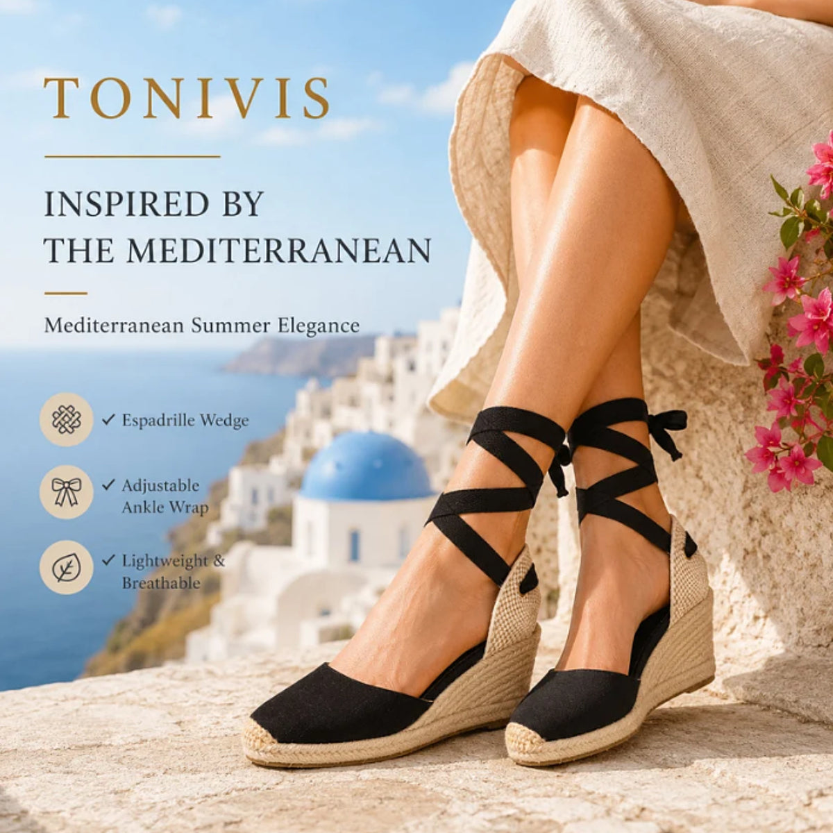TONIVIS Women's Linen Espadrille 9cm High Wedge Sandals