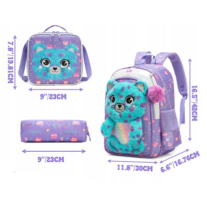 3-Piece Cute 3D Plush Teal Cat School Bag Set - Backpack + Lunch Bag + Pencil Case