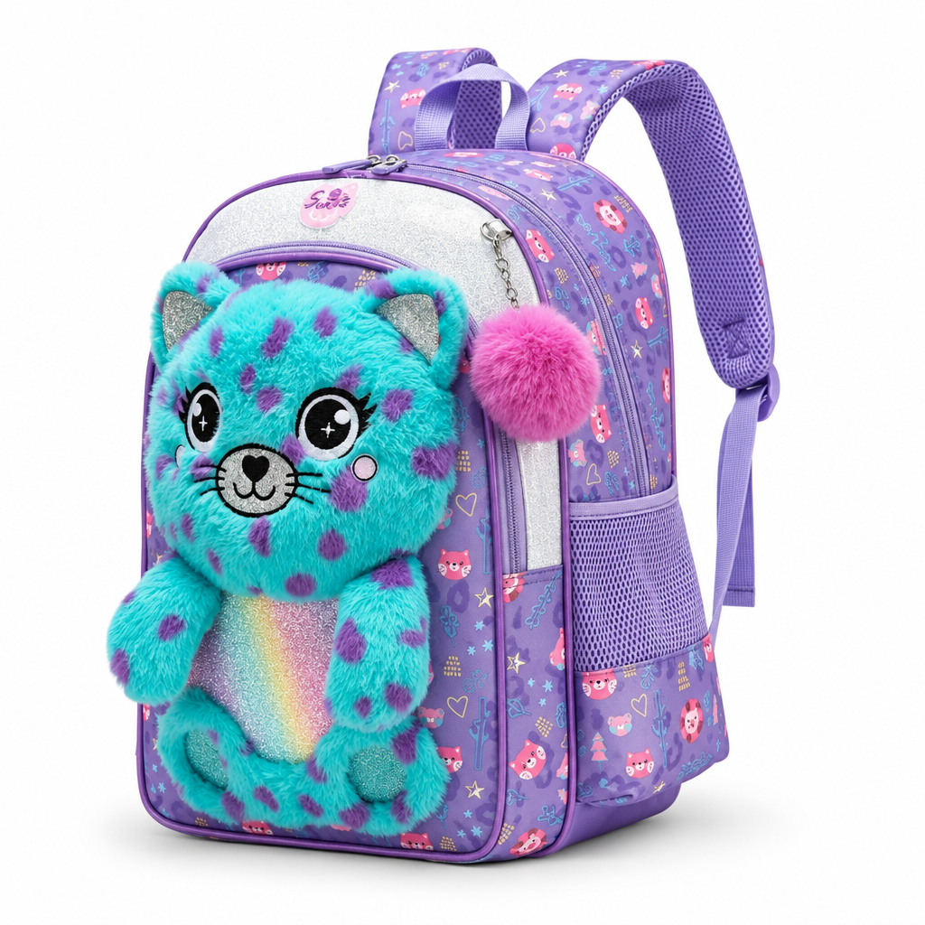 3-Piece Cute 3D Plush Teal Cat School Bag Set - Backpack + Lunch Bag + Pencil Case