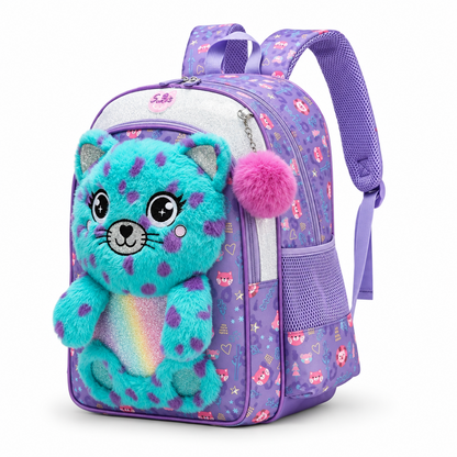 3-Piece Cute 3D Plush Teal Cat School Bag Set - Backpack + Lunch Bag + Pencil Case