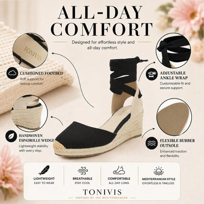TONIVIS Women's Linen Espadrille 9cm High Wedge Sandals