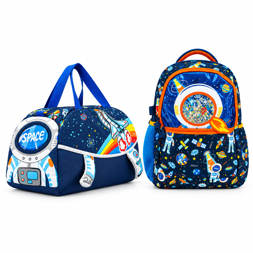 2-Piece Kids 3D Space Adventure Large Backpack & Duffel Bag Travel Set