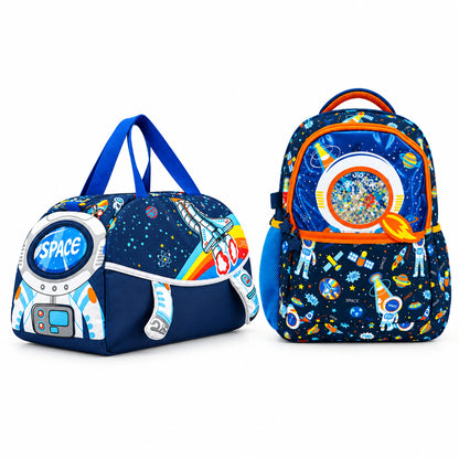 2-Piece Kids 3D Space Adventure Large Backpack & Duffel Bag Travel Set