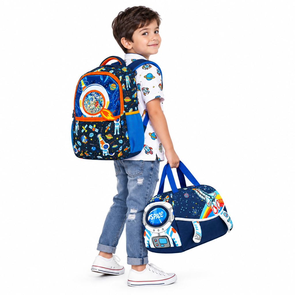 2-Piece Kids 3D Space Adventure Large Backpack & Duffel Bag Travel Set