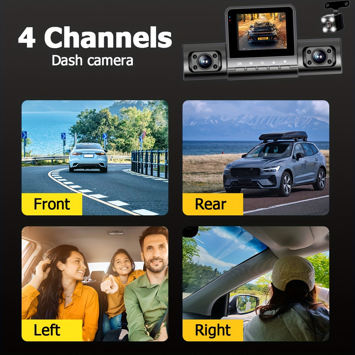 4-Channel Car Dashboard Camera With FHD 1080P Front And 720P Side And Rear, Night Vision, Loop Recording, And 24-Hour Parking Surveillance