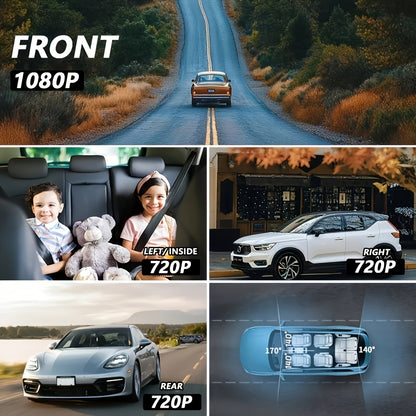 4-Channel Car Dash Camera with 1080P Front And 720P Left/Inside Right Rear DVR, Featuring Night Vision, Loop Recording, And 24-Hour Parking Monitoring for Vehicle Additions