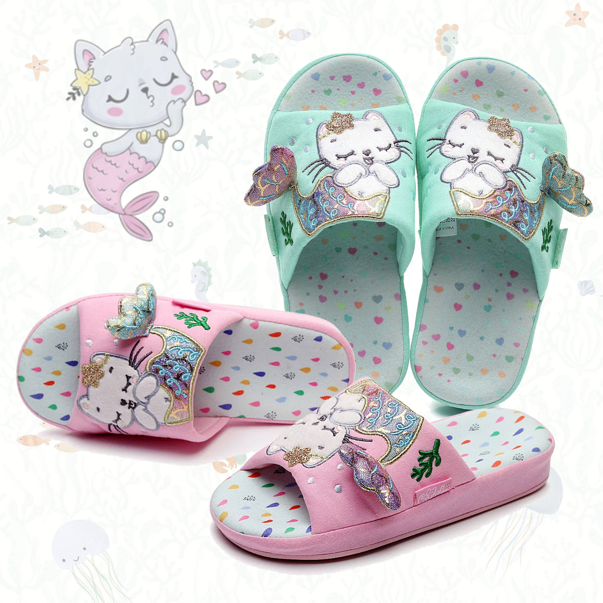 Children's Mermaid Cat Home Slippers