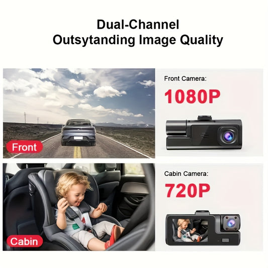 Dual-Camera Dash Cam, 24H Parking Monitor, G-Sensor, Loop Recording, Night Vision, 170° Wide Angle, -like Stability, 12-24V Voltage, Compact Car DVR with Motion Detection Alerts, Parking Assistance