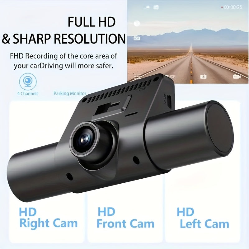 4-Channel Car Dashboard Camera With FHD 1080P Front And 720P Side And Rear, Night Vision, Loop Recording, And 24-Hour Parking Surveillance