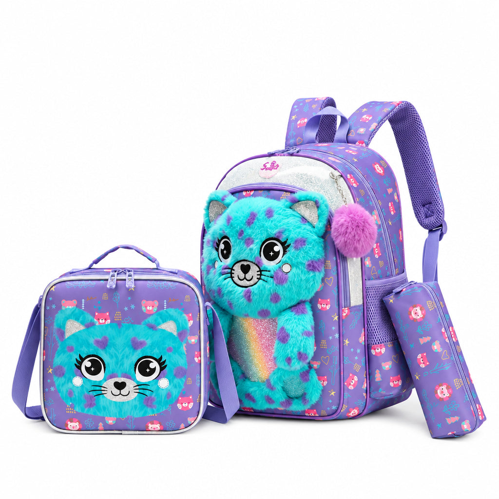 3-Piece Cute 3D Plush Teal Cat School Bag Set - Backpack + Lunch Bag + Pencil Case