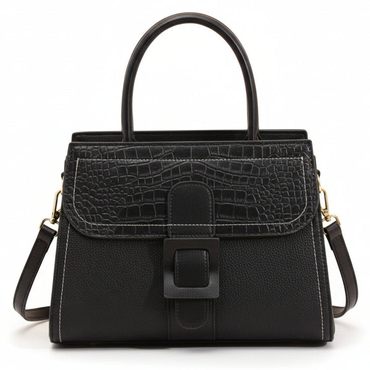 Textured Linear Buckle Satchel Crossbody / Handbag