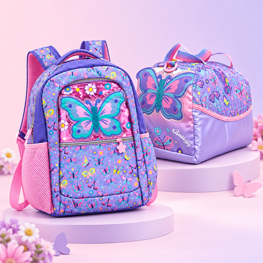 2-Piece Kids Butterfly Fantasy Large Backpack & Duffel Bag Travel Set