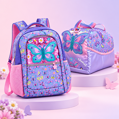 2-Piece Kids Butterfly Fantasy Large Backpack & Duffel Bag Travel Set