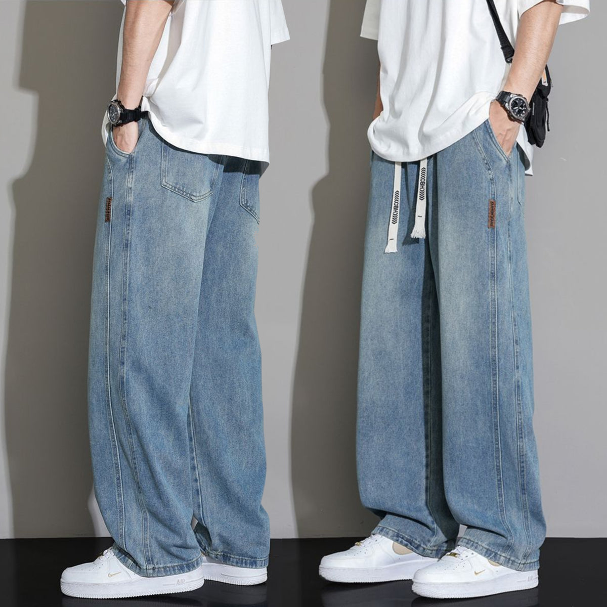Men's Wide-Leg Drawstring Streetwear Skate Denim Jeans