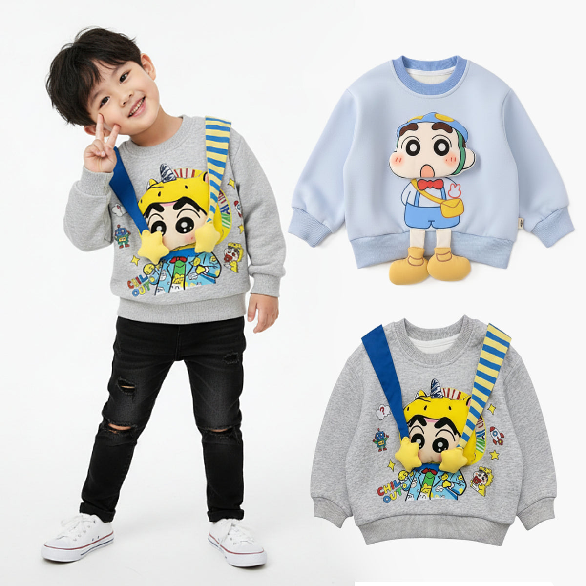Kids Crayon Shin-Chan 3D Applique Pullover Sweatshirt