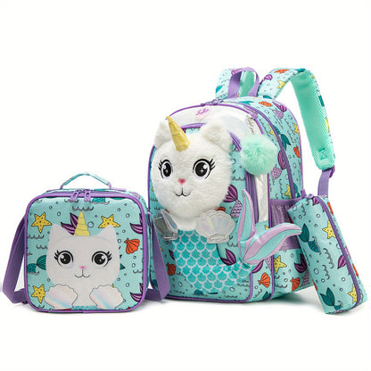 3-Piece Cute 3D Mermaid Caticorn School Bag Set - Backpack + Lunch Bag + Pencil Case