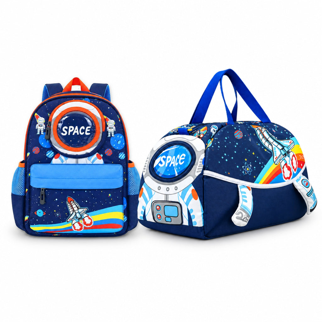 2-Piece Kids 3D Space Adventure Small Backpack & Duffel Bag Travel Set