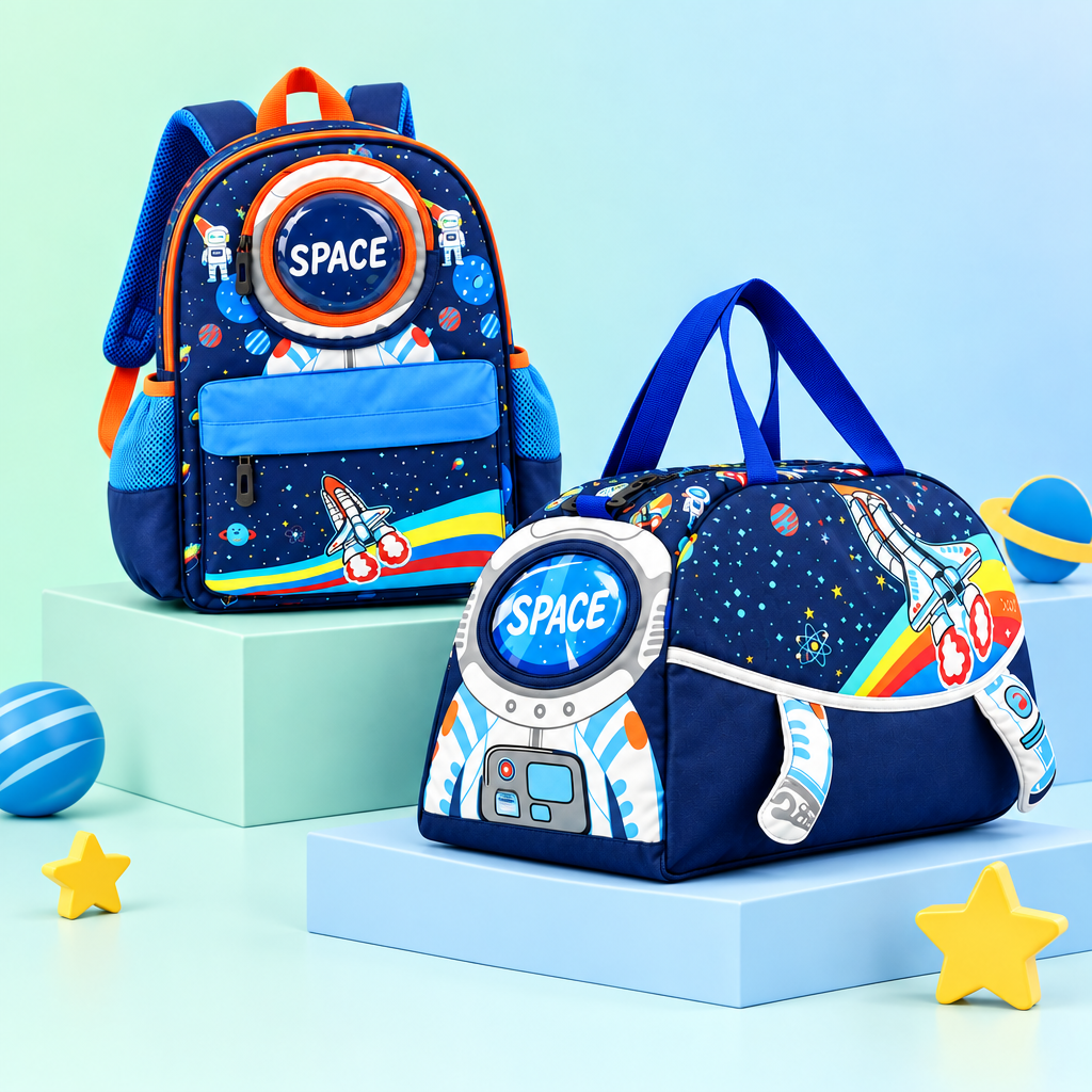 2-Piece Kids 3D Space Adventure Small Backpack & Duffel Bag Travel Set