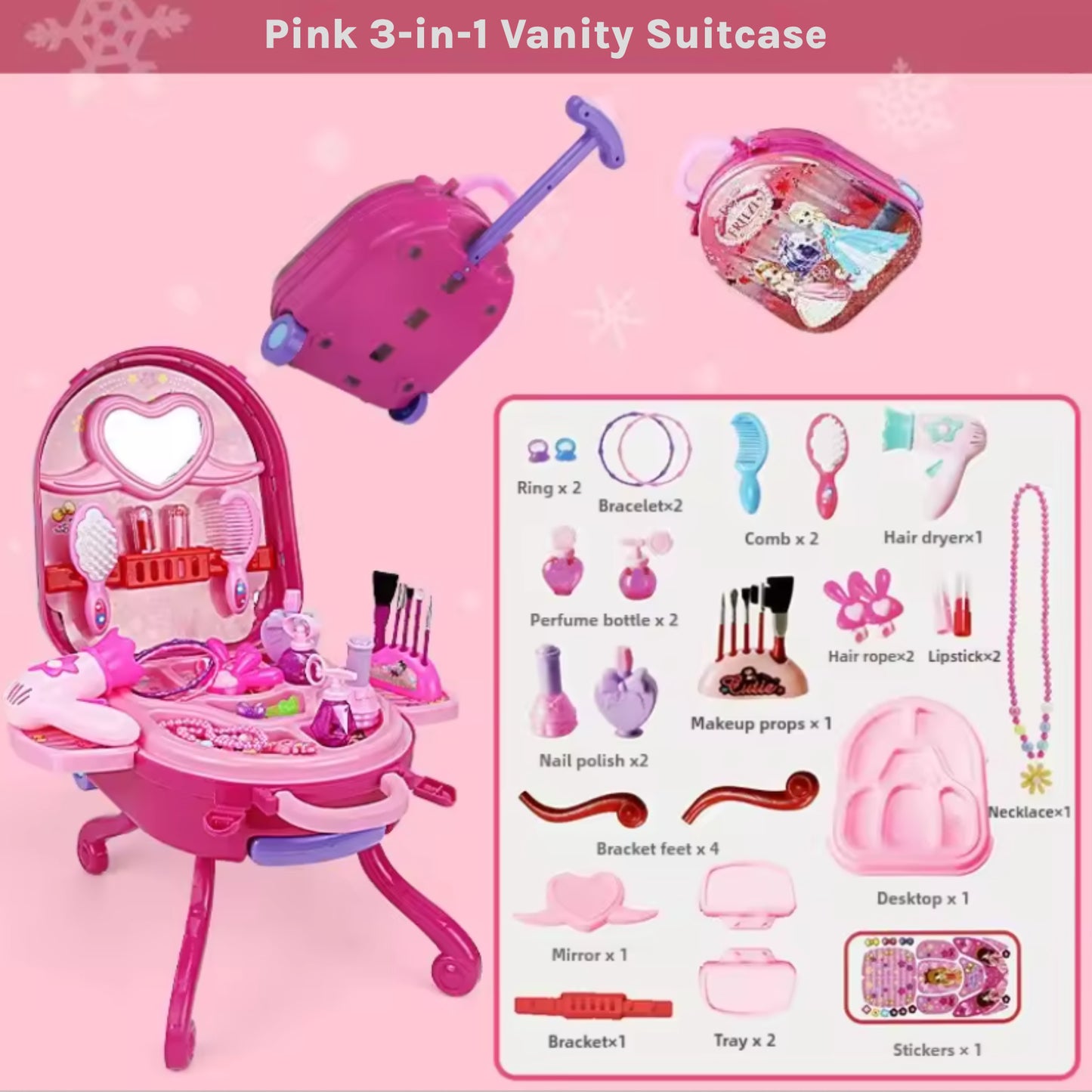3-in-1 Princess Makeup Vanity Suitcase Playset