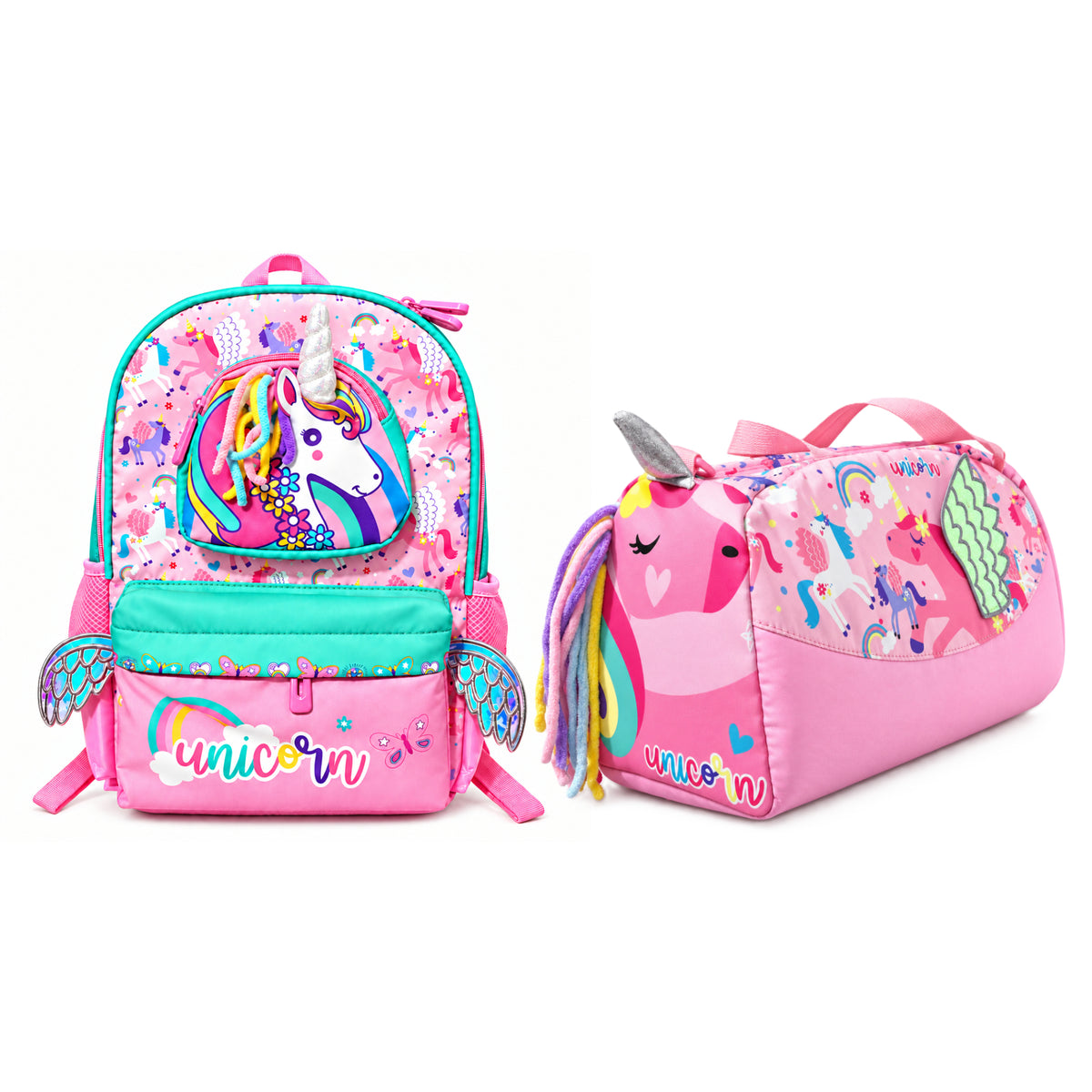 2-Piece Kids 3D Magical Unicorn Backpack & Duffel Bag Travel Set