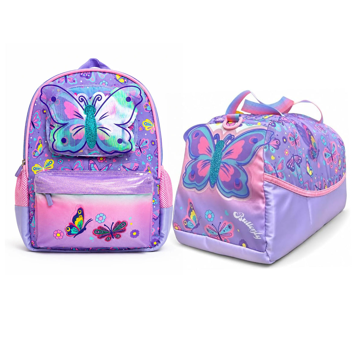 2-Piece Kids Butterfly Fantasy Small Backpack & Duffel Bag Travel Set