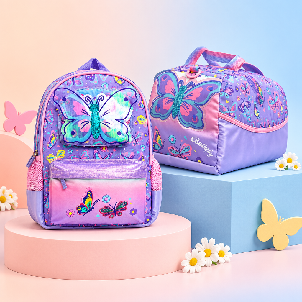 2-Piece Kids Butterfly Fantasy Small Backpack & Duffel Bag Travel Set