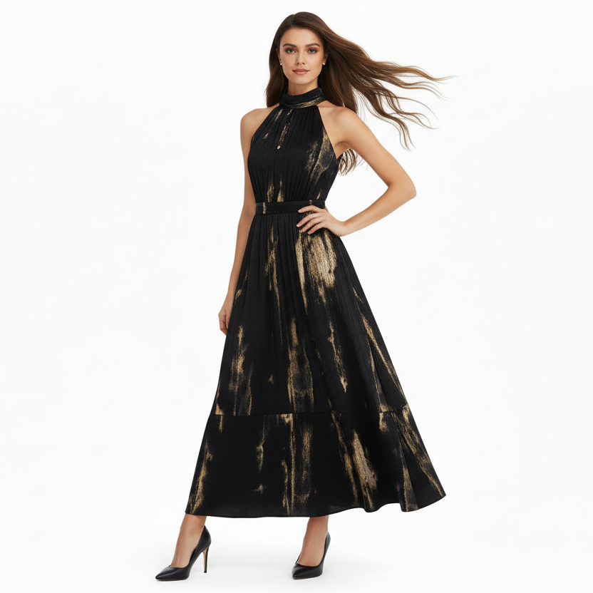 Luster Draped Halter Neck Maxi Dress.