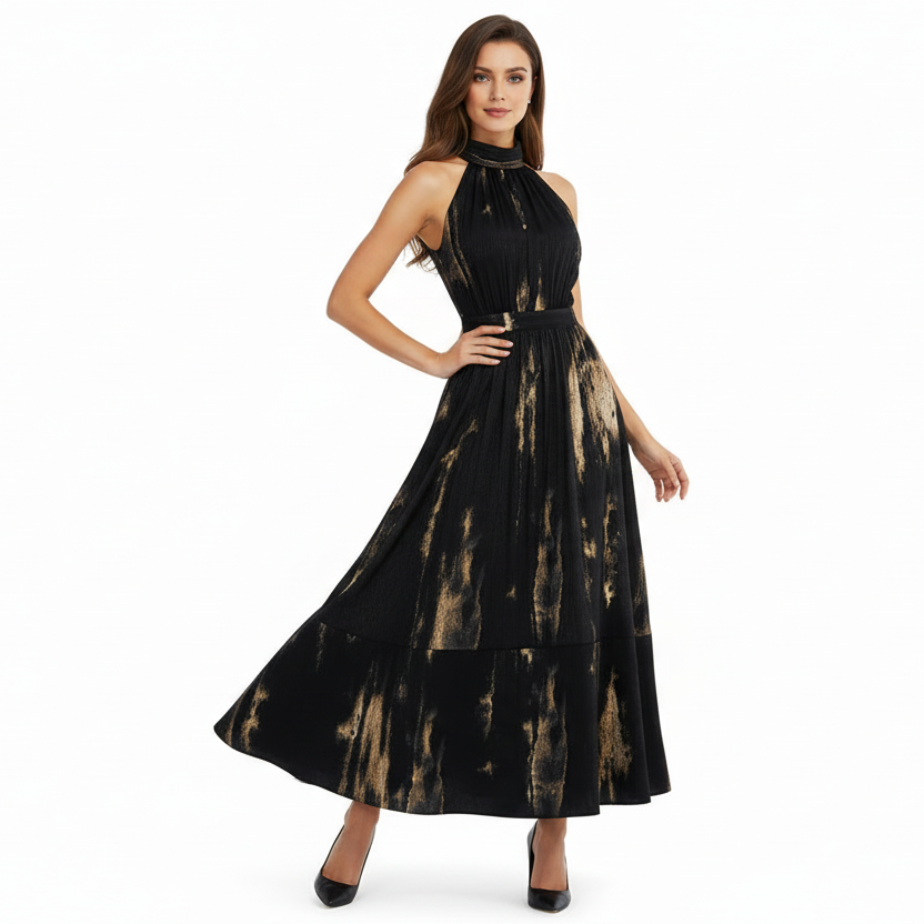 Luster Draped Halter Neck Maxi Dress.