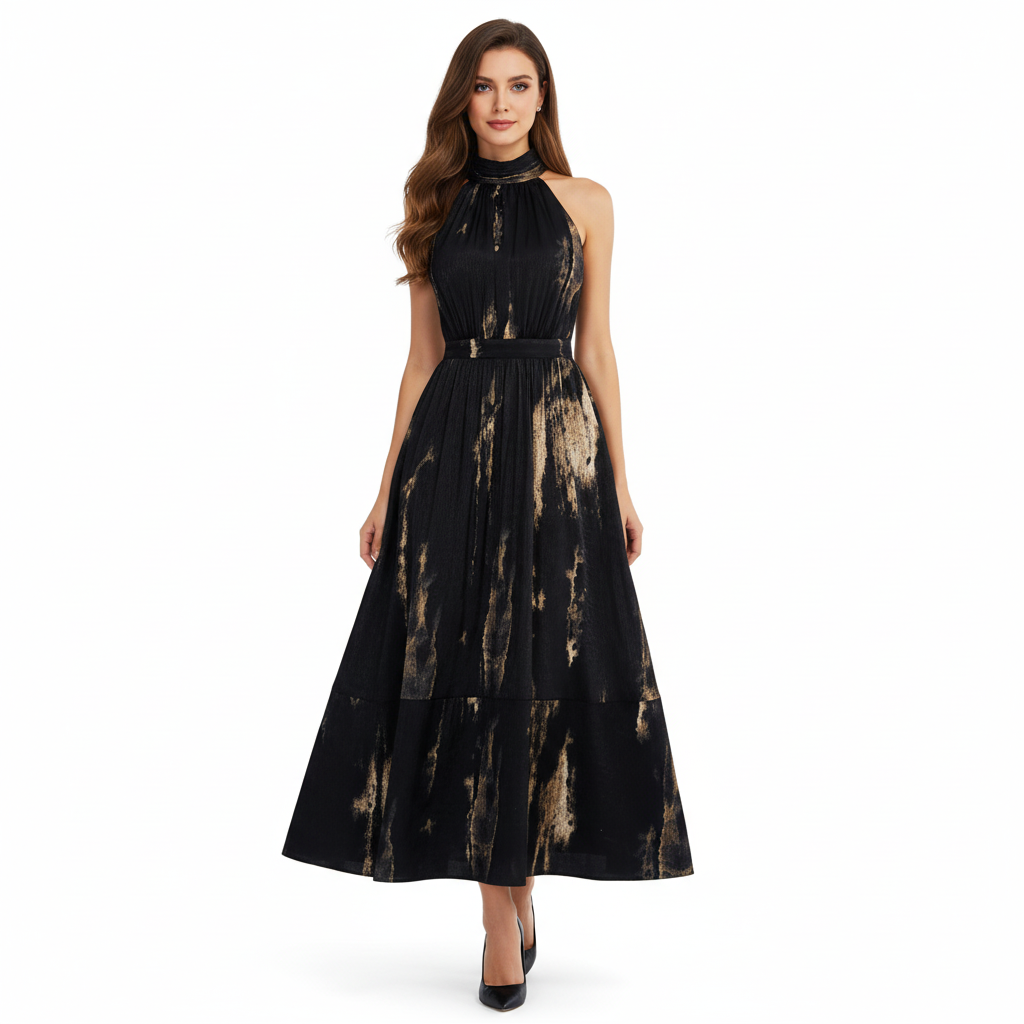 Luster Draped Halter Neck Maxi Dress.