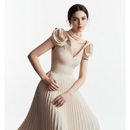 Fleur Applique Apricot Pleated Maxi Dress.