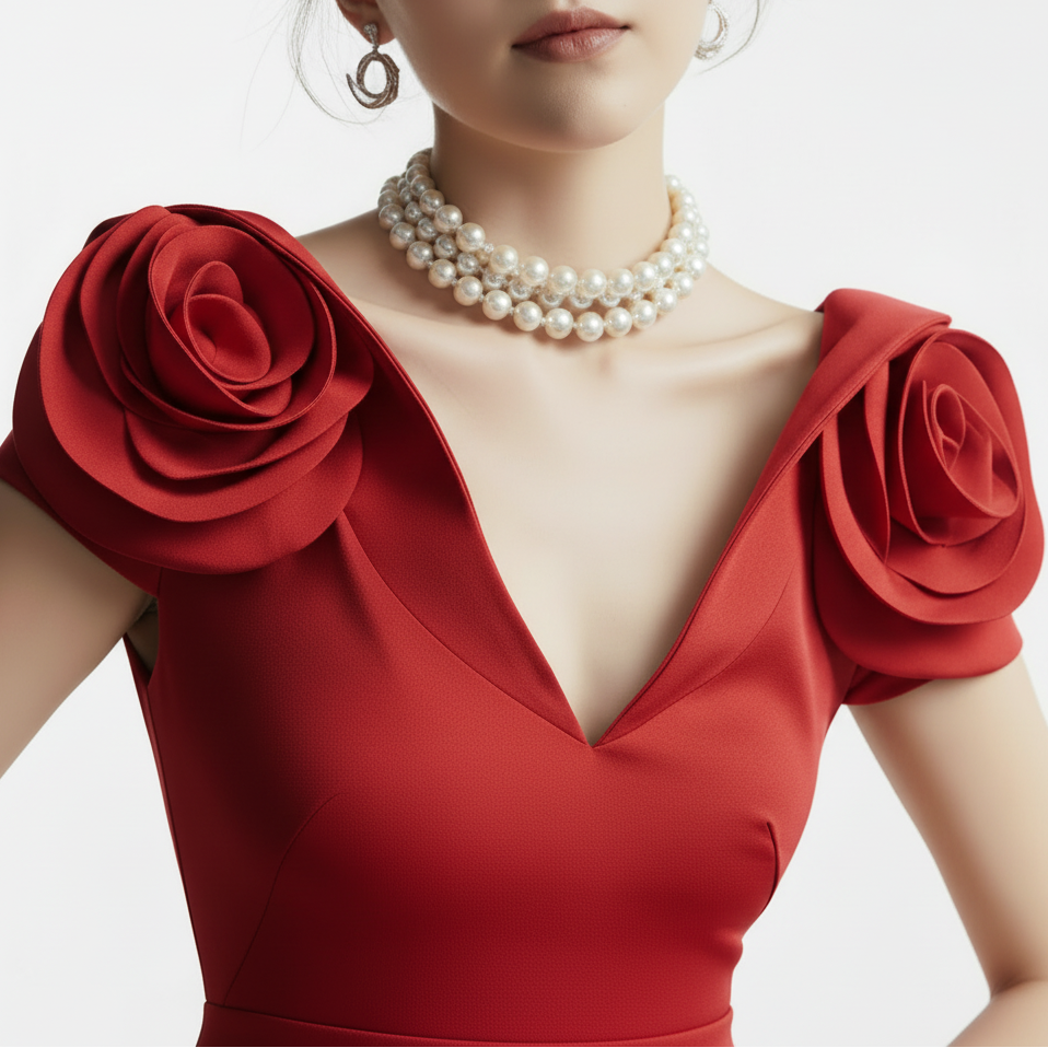 Fleur Applique Red Pleated Maxi Dress.