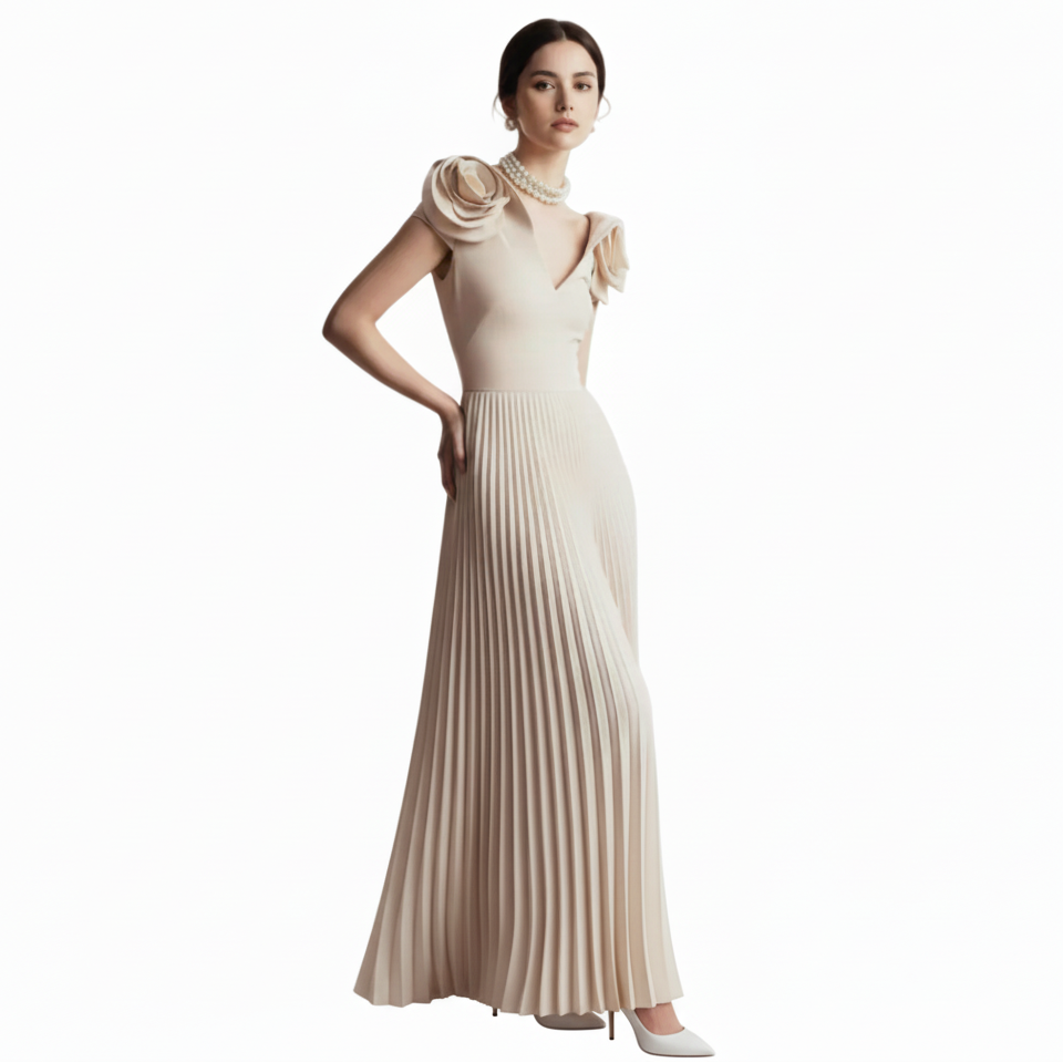 Fleur Applique Apricot Pleated Maxi Dress.