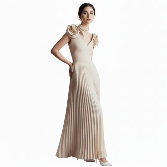 Fleur Applique Apricot Pleated Maxi Dress.