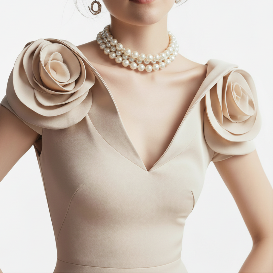Fleur Applique Apricot Pleated Maxi Dress.