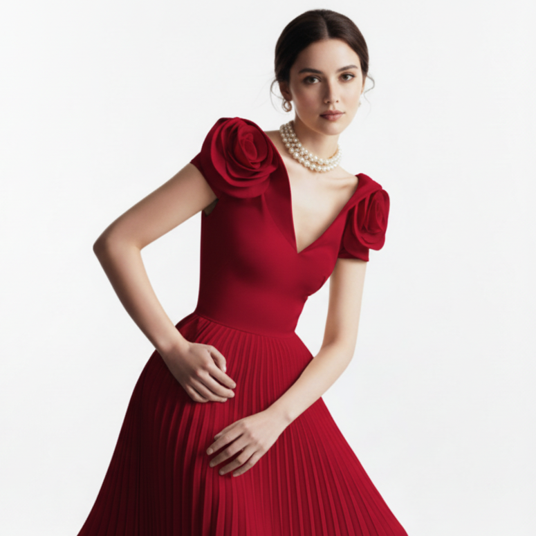 Fleur Applique Red Pleated Maxi Dress.