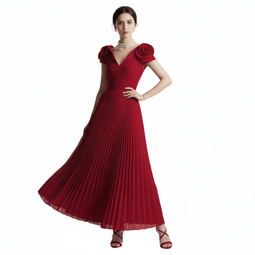 Fleur Applique Red Pleated Maxi Dress.