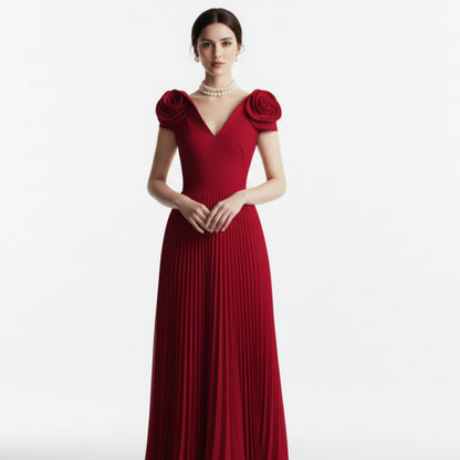 Fleur Applique Red Pleated Maxi Dress.