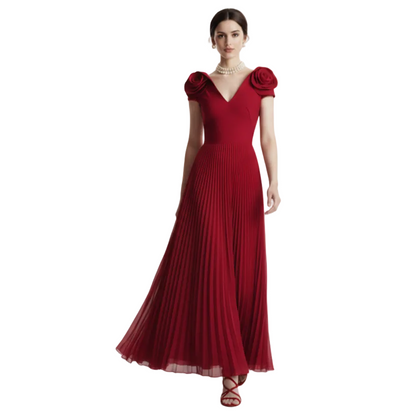 Fleur Applique Red Pleated Maxi Dress.